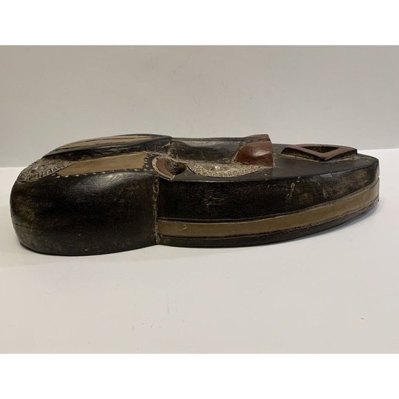 Carved Wooden Face Mask Metal Inlay Open Mouth Tribal Ethnic Cultural Decor READ - Picture 3 of 15